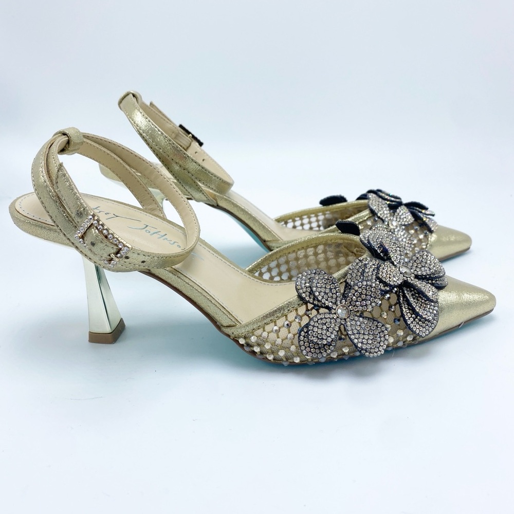 Betsey Johnson 6.5 Gold Rhinestones Floral Ankle Strap Heels EUC